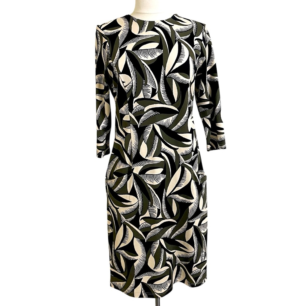 J. MCLAUGHLIN Catalyst Pop Leaf Print Green Black Cream Ponte Knit Sheath Dress